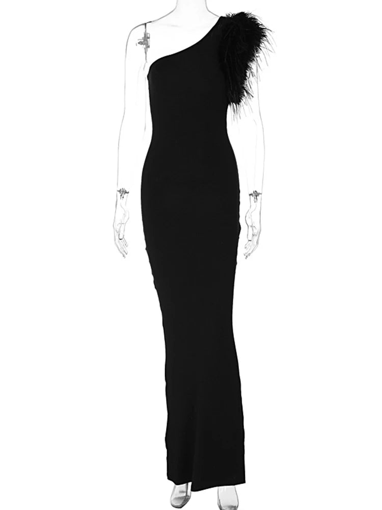 Black Sleeveless One Shoulder Feather Maxi Dress For Women Bodycon Sexy Party Elegant Long Dress Birthday Evening Outfit