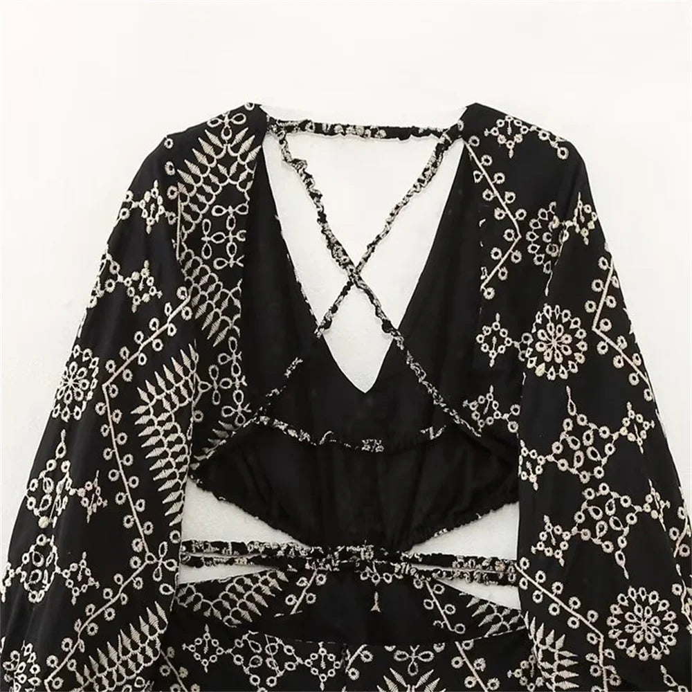 Summer New Women's V-neck Fluffy Sleeve Open Design Sexy Backless Long Dress Embroidered Midi Dress