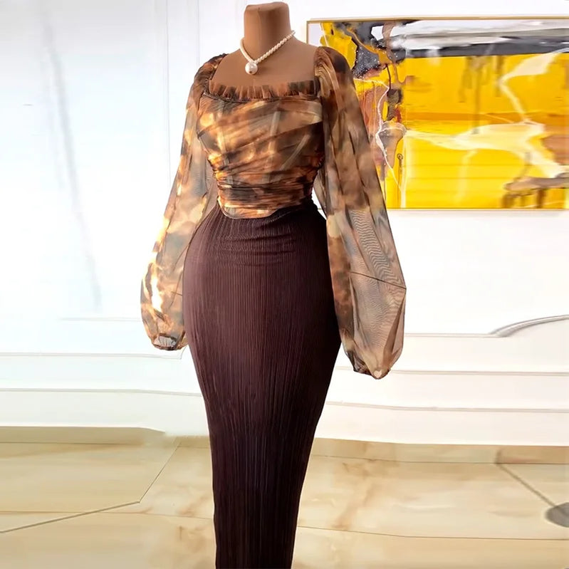 CM.YAYA Fashion Elegant Mesh Printed Women Set Street Tops + High Waist Long Skirts Suits Party Birthday Two 2 Piece Sets Dress