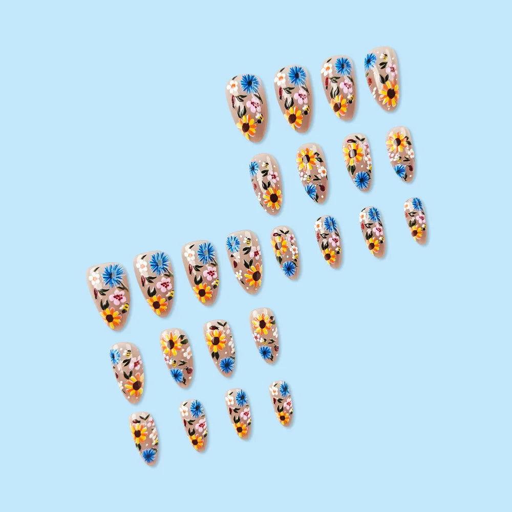 24pcs Garden Style False Nails With Colorful Flower Designs Glossy Almond Press On Nails Full Cover Artificial Autumn Fake Nail