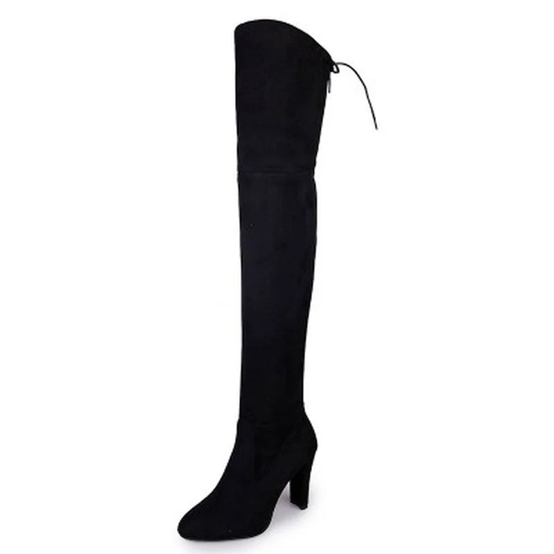 Sexy Party Fashion Suede Leather Shoes Women Over The Knee Heels Boots Stretch Flock Pointed Thick Heel Botas Black Long Boots