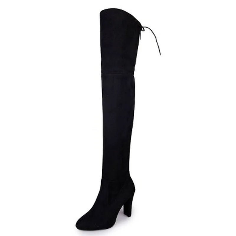 Sexy Party Fashion Suede Leather Shoes Women Over The Knee Heels Boots Stretch Flock Pointed Thick Heel Botas Black Long Boots