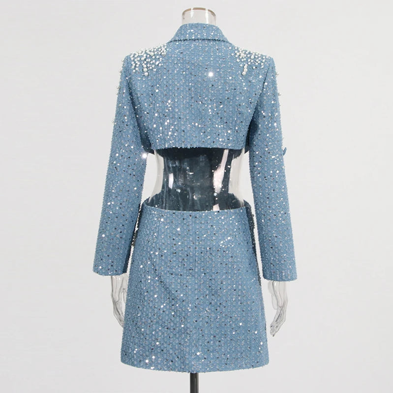 TWOTWINSTYLE Hollow Out Dresses For Women Notched Collar Long Sleeve Patchwork Embroidered Flares Chic Dress Female Fashion New