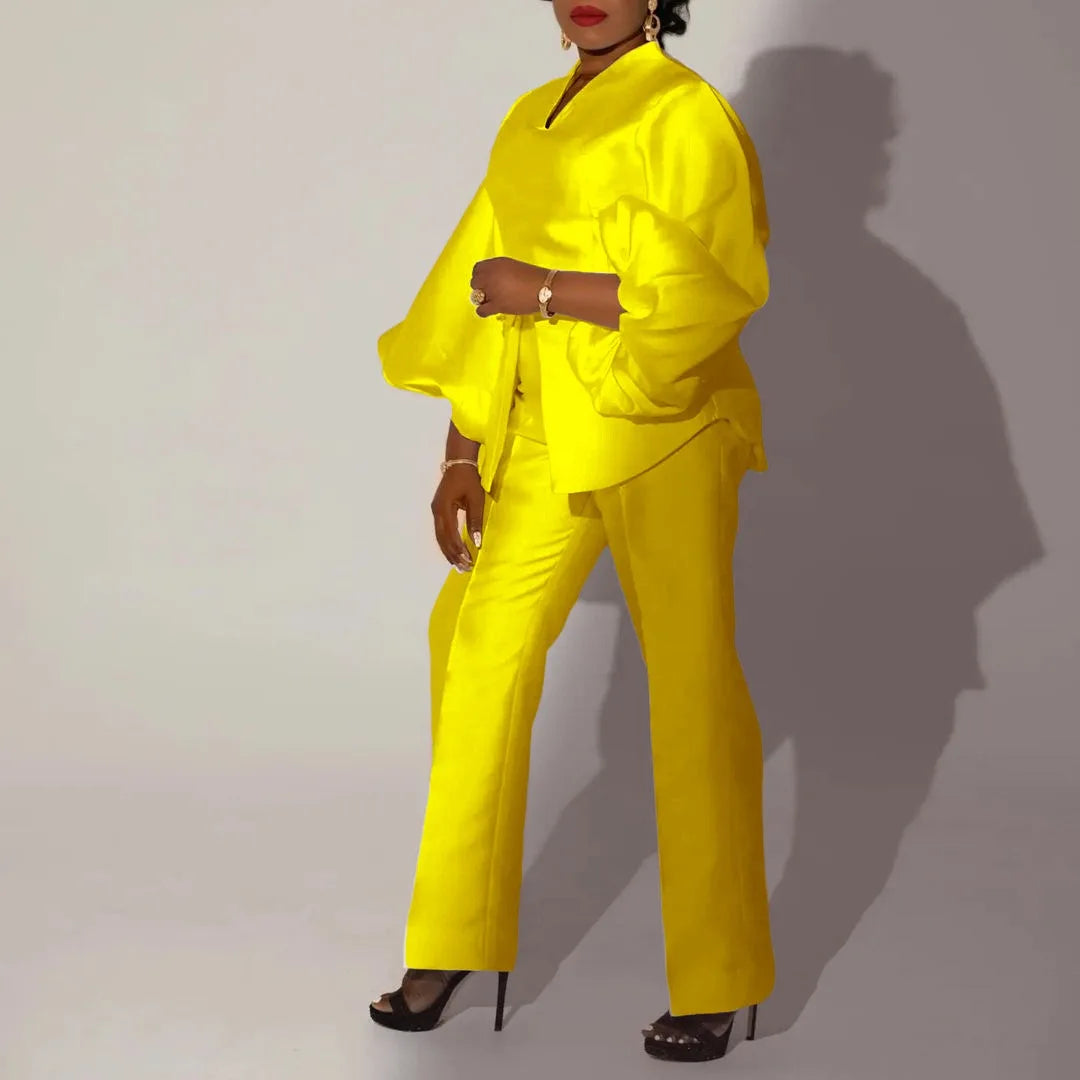 Women Two Pieces Pants Sets Outfits Blouse & Long Trousers Fashion Ladies Formal Business Work Wear Matching Sets Clothes Outfit Yellow Sets