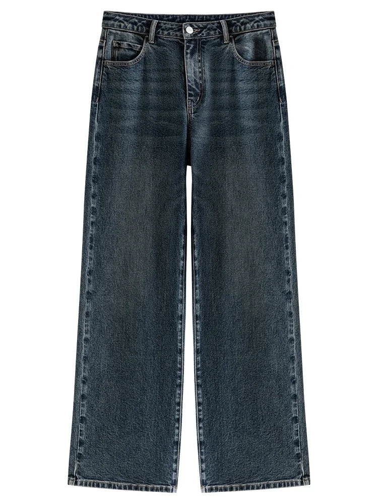 Retro High Waist Straight Jeans for Women Casual Style Wide-leg Pants Winter Floor Mopping Jeans for Female