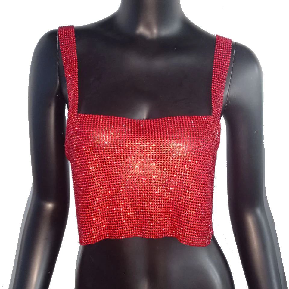 Bling Rhinestones Party Crop Top Fashion Solid Backless Straps Full Diamonds Sequins Cami Cropped Top for Women Red