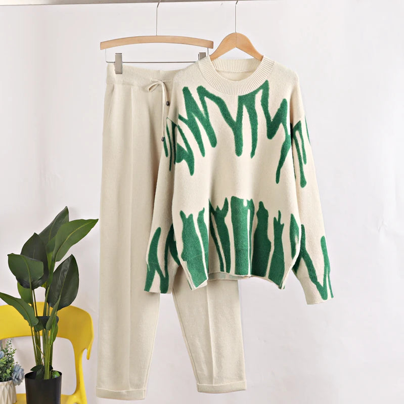 GIGOGOU Two Piece Women Autumn Winter Sweater TrackSuit OverSized Harem Pant Suits Lady Casual Warm Knitted Set apricot green One Size