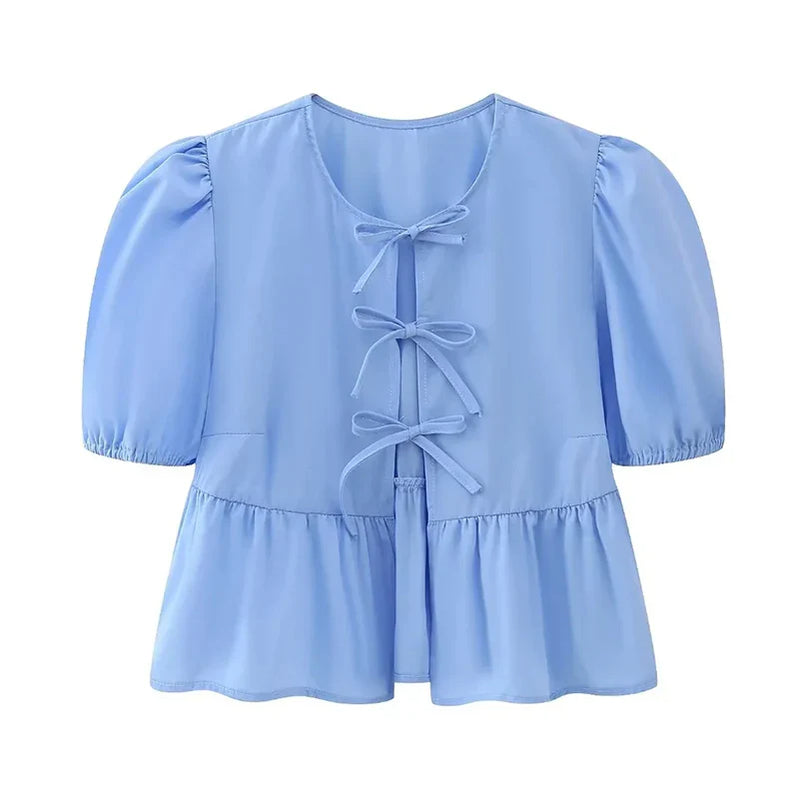 Bow Tied Lace Up Shirt Women Pleats Office Puff Sleeve Female Chic Slim Solid Tops Summer Sweet Lady V Neck Tops blue