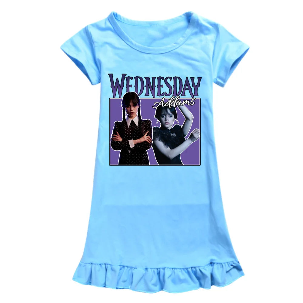 Summer Fashion Wednesday Addams Costume Kids Casual Dress Toddler Girls Short Sleeve Dresses Children A-line Party Sundress COLOR 9
