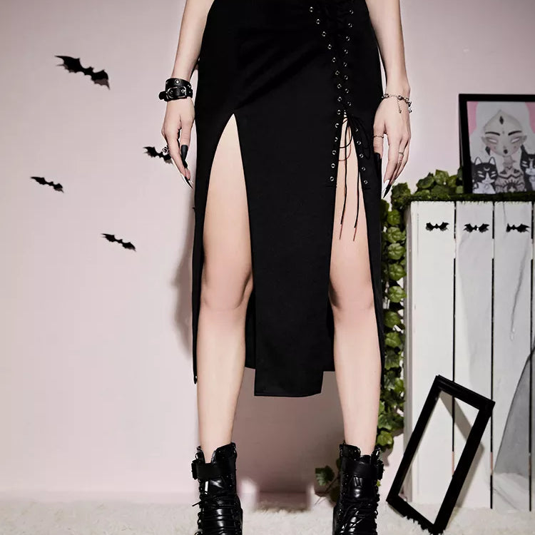 Goth Dark Grunge Bandage High Split Sexy Midi Skirts Mall Gothic Techwear Irregular Eyelet Long Skirt For Women Black Partywear