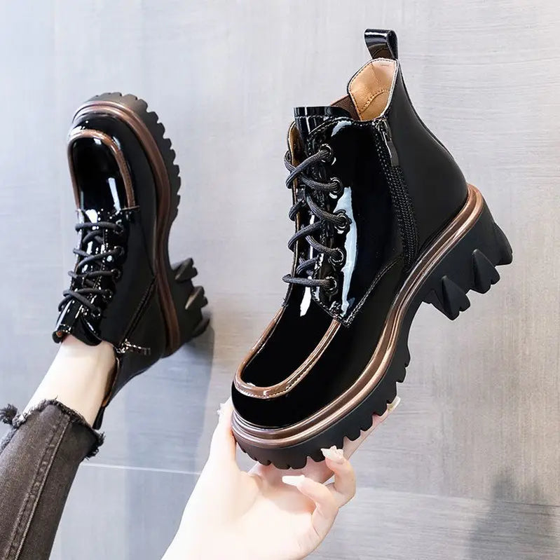 Punk Style Combat Platform Female Ankle Boots Chunky Elastic with Laces Lace-up Booties Footwear Short Shoes for Women New