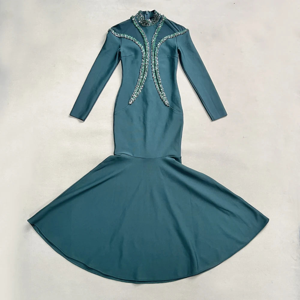 Newest Fashion 2025 Designer Party Vestido Women'S Diamonds Mesh Long Sleeves Bodycon Mermaid Long Maxi Dress