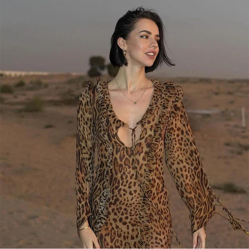 Fashion Print Ruffle Split Dress Women Spring Summer Deep V-neck Female Vestidos Elegant Long Sleeve Lace Up Lady Robe Leopard