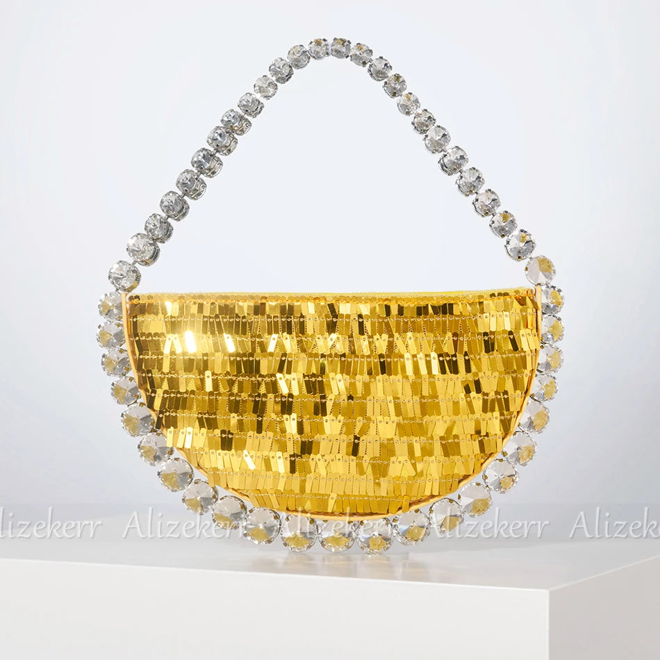 Shiny Crystal Sequines Round Evening Bags Women Luxury Designer Half Moon Rhinestone Wedding Clutch Purses And Handbags Party Gold Sequins L20 x W4 x H10cm
