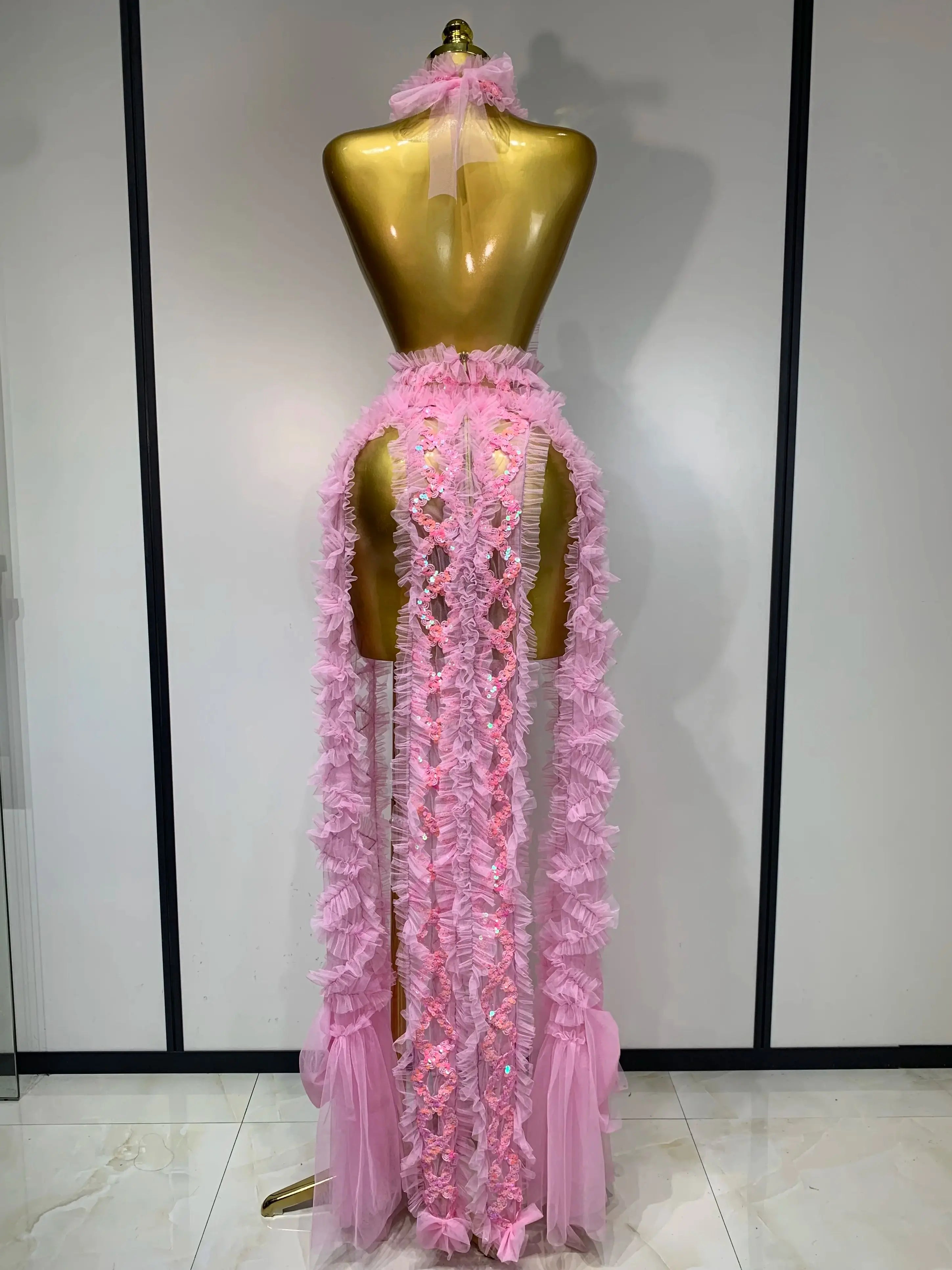 Mesh Sequins Sexy Backless Halter See Through Dress 2025 Birthday Evening Party Prom Nightclub Singer Stage Performance Costume