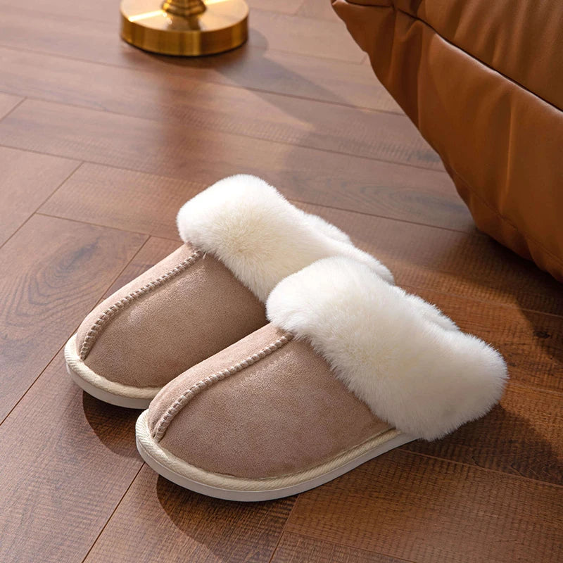 Winter Warm Flat Fur Slippers Women Faux Suede Fluffy Furry Home Slides Woman Comfort Non Slip Indoor Floor Cotton Shoes Khaki