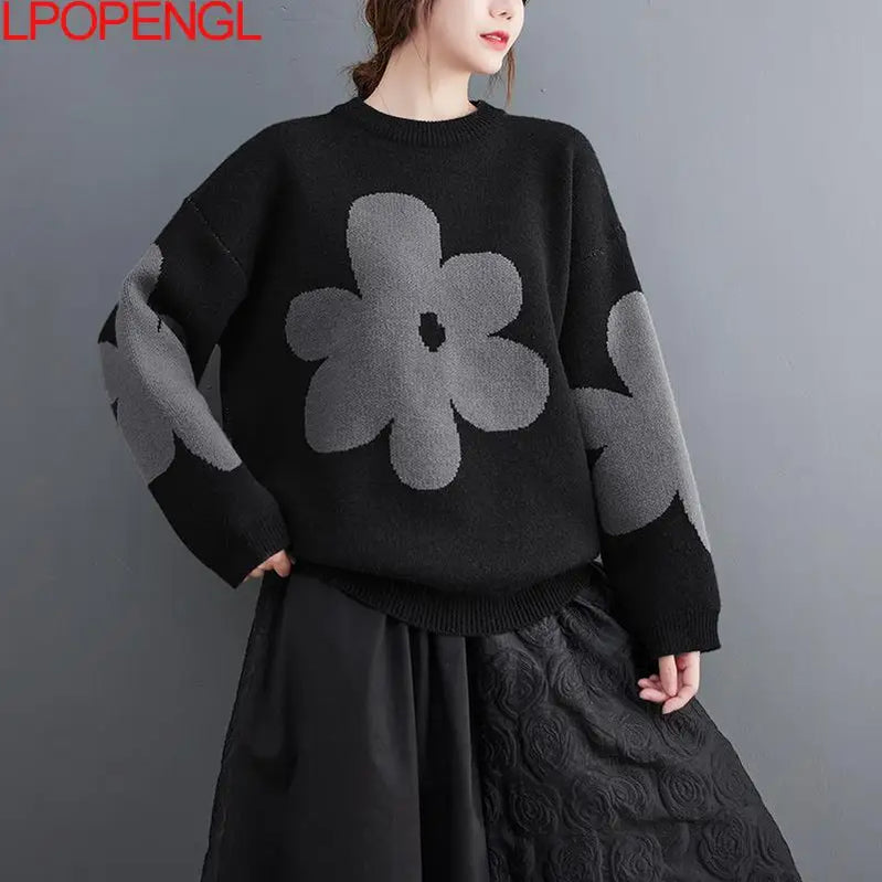 Women's Autumn And Winter Korean Bottoming Long Sleeves Flowers O-neck Pullover A-straight Vintage Sweater Trend Top
