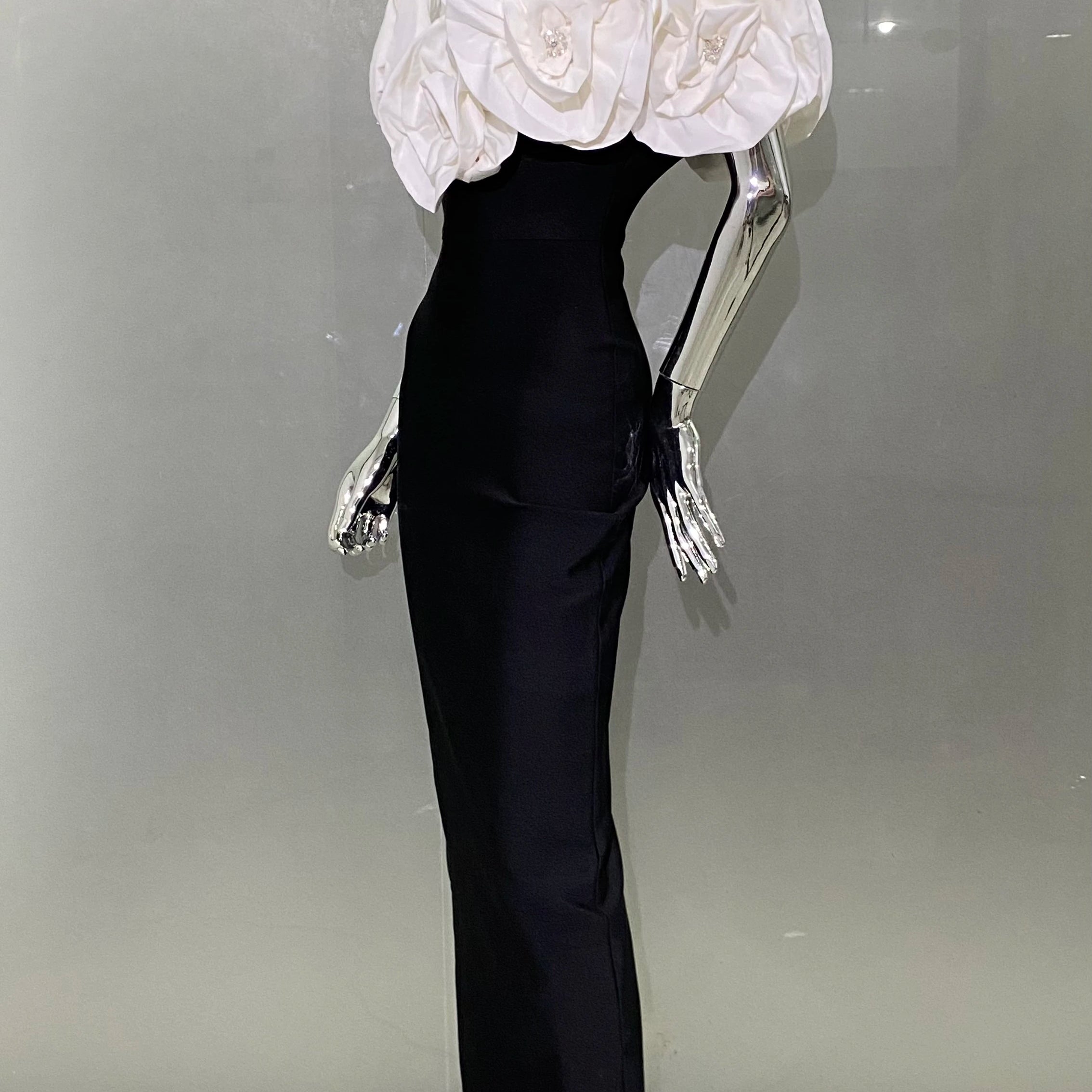 Stereoscopic White Flowers Sexy Off The Shoulder Ankle Lenght Bandage Dress Woman Birthday Party Vestido Wedding Party Outfit