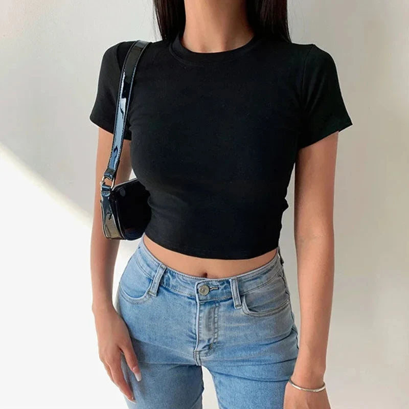 Short Sleeve T-Shirt Women Solid Simple Casual Soft All-Match Basic Crop Tops Tees Summer Fashion Skinny Tops Black White Black