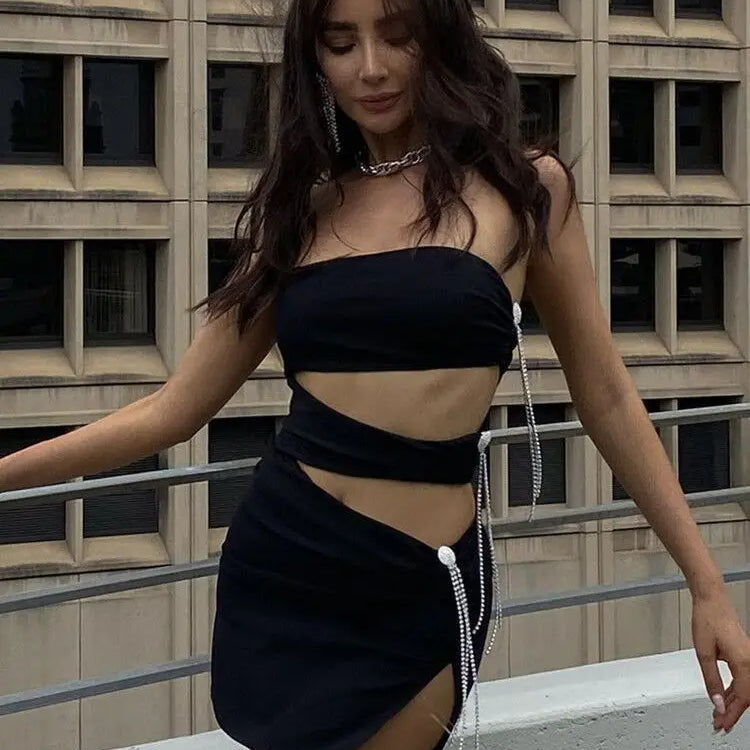 STOCK Hot Sexy Hollow Out Shining Diamonds Long Tassel Strapless Sleeveless Split Mini Dress Hotsweet Lady  Summer Party Vestido