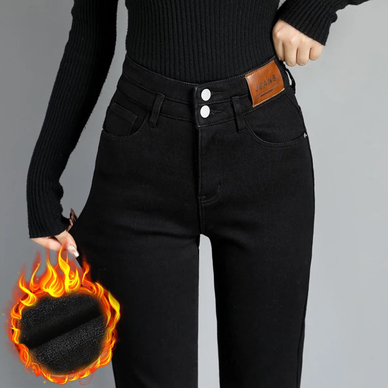Autumn Winter Denim Jeans Women Double Row Vertical Buckle High Waisted Elastic Brand Slim Straight Warm Classic Smoke Pants