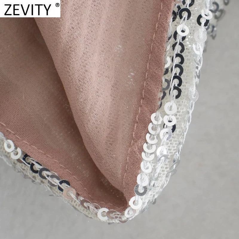 Women Sexy Deep V Neck Short Sequined Smock Blouse Lady Chic Pleats Puff Sleeve Party Wear Crop Shirts Blusas Tops