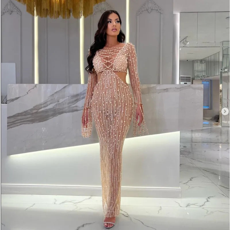 Elegant Evening Party Dress Women Long Sleeve Pearl Beading Bodycon Long Maxi Dress Birthday Party Cocktail Prom Dress