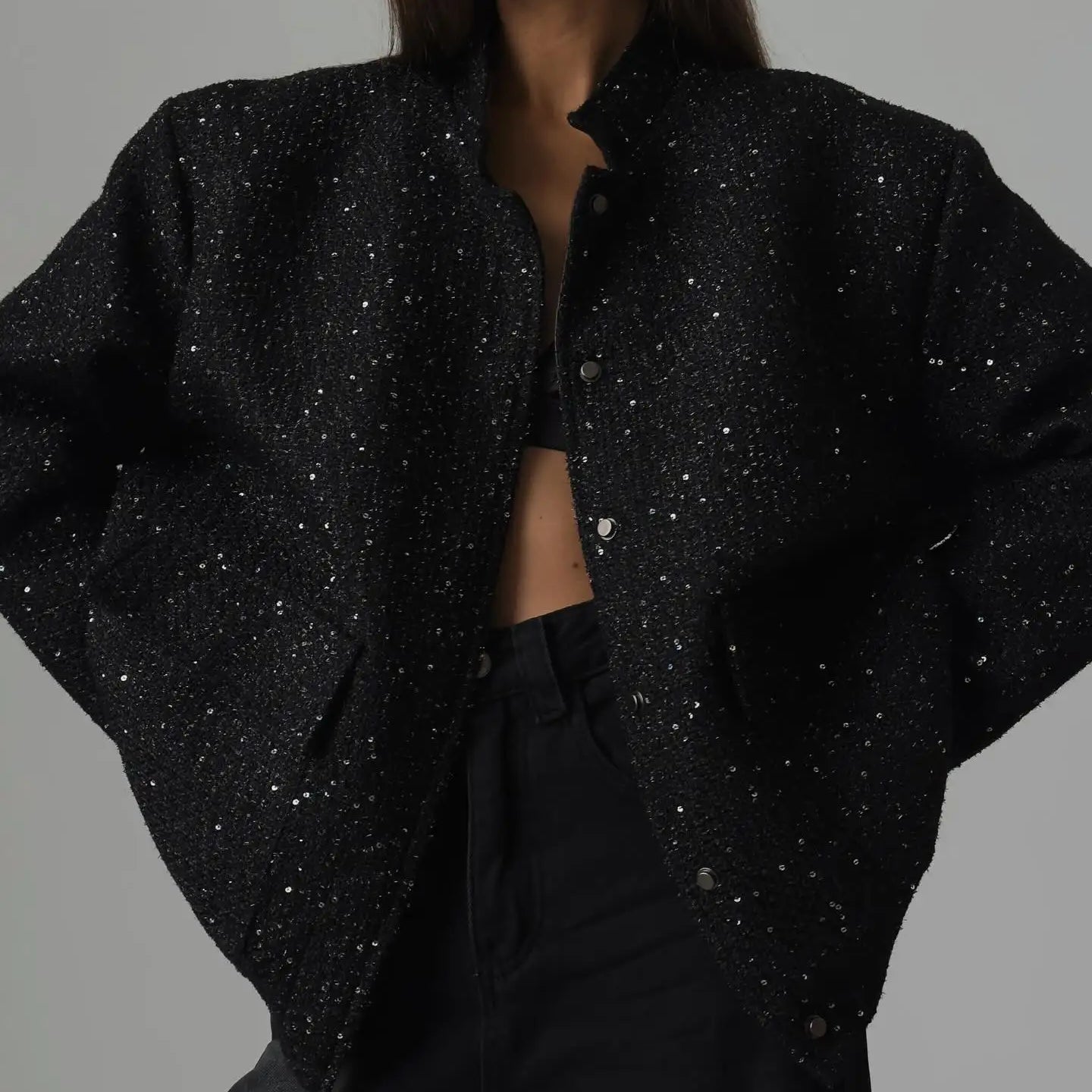 Fashion Gold Sequin O-neck Women Short Jacket Covered Button Long Sleeve Loose Elegant Coat Autumn farty Casual Lady Streetwears no sequins 1