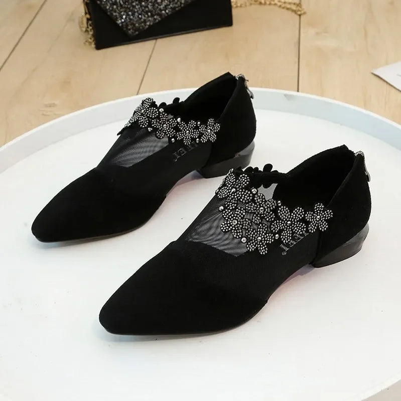 Women Fashion Black Lace Rhinestone Sandals Flowers Low Heel Sandals Mesh Plus Size Sandalias Mujer Casual Shoes