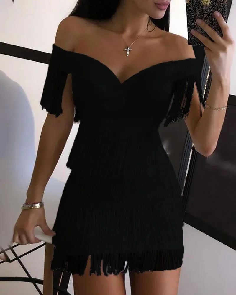 New Winter Women Solid Slash Neck Sleeveless Dress Empire Tassel Sheath Mini Dress Sexy Night Club Wear Bandage Dresses LZR3399