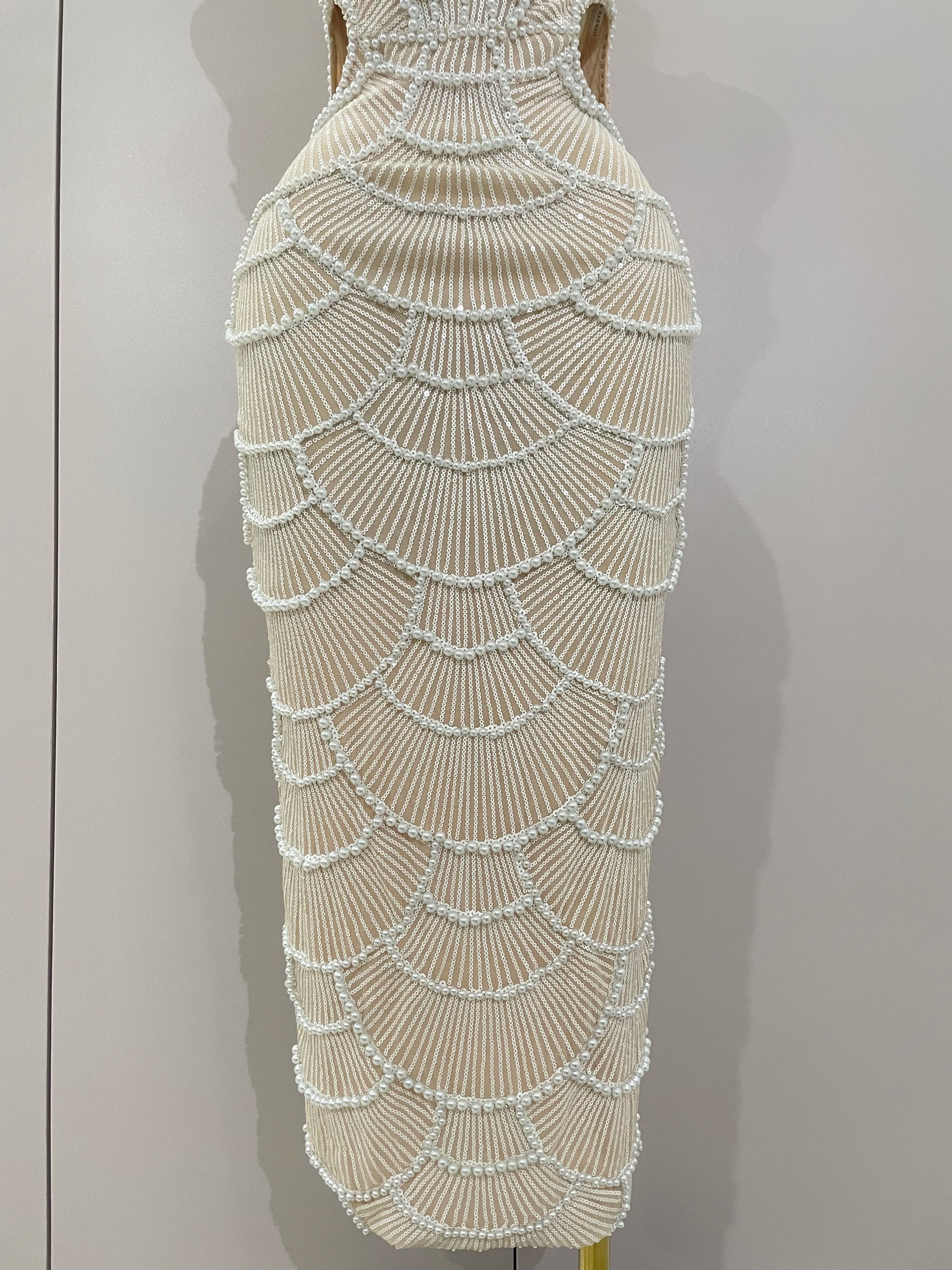 Women Hot Sale Sleeveless Sexy Strap Pearl Beading Sequins Bodycon Long Dress Celebrate Evening Party Birthday Outfit Vestido