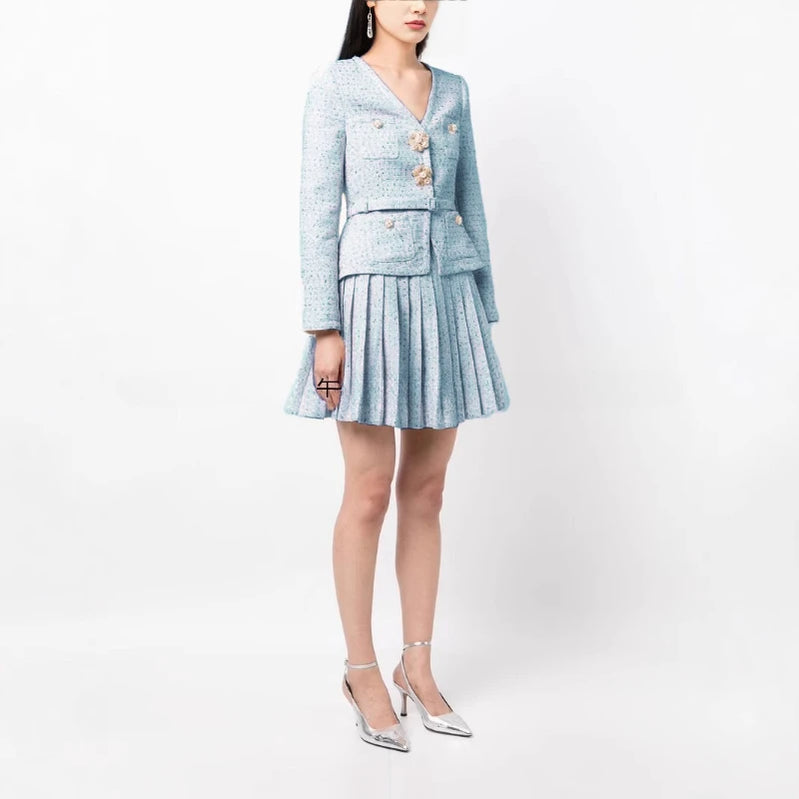 TWOTWINSTYLE Solid Slimming Two Piece Sets for Women V Neck Long Sleeevs Spliced Button Top High Waist Pleated Skirts Set Female