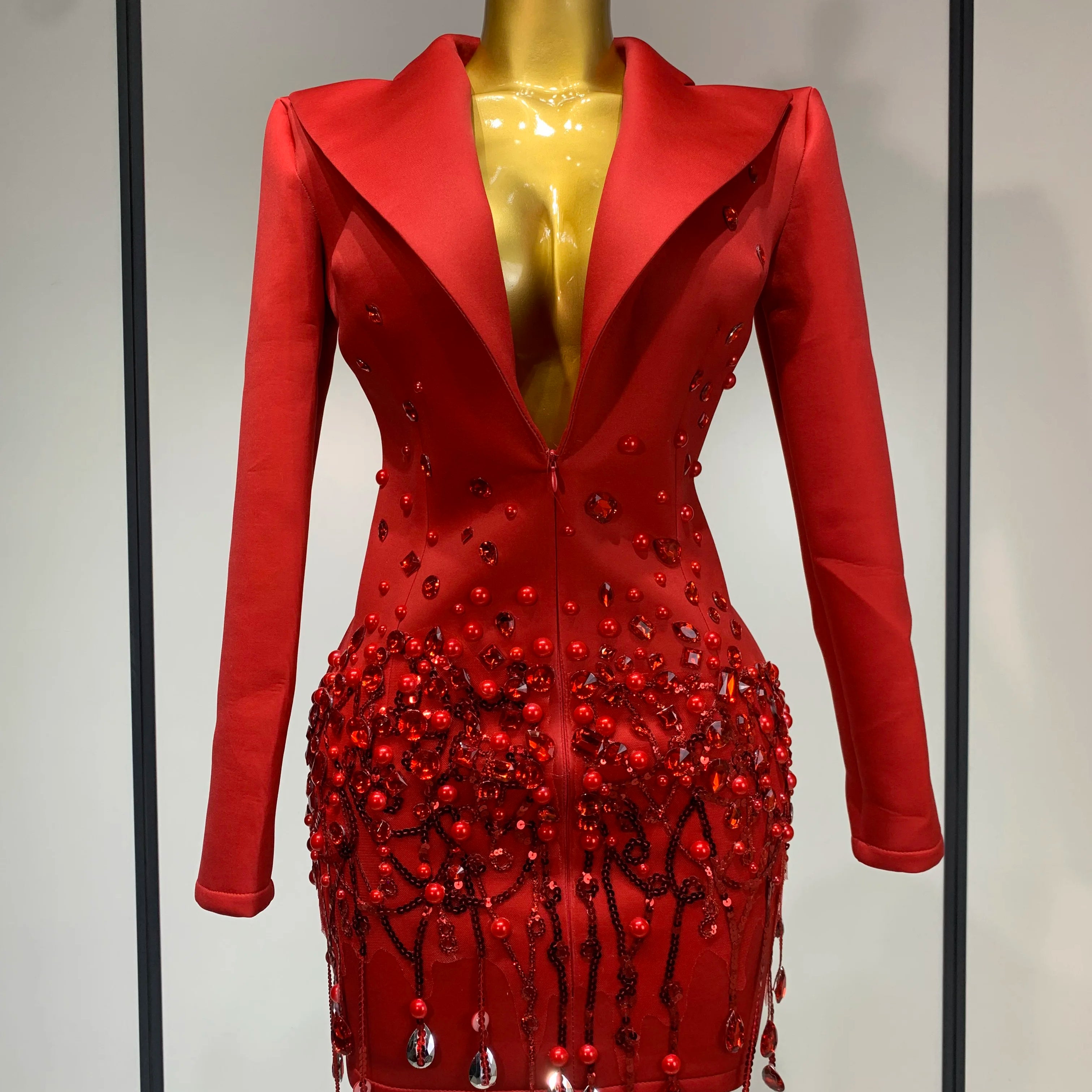 Luxury Rhinestone High Quality Deep V-Neck Slim Fit Red Suit Dress 2025 New Fashion Celebirty Elegant Evening Club Party Dresses