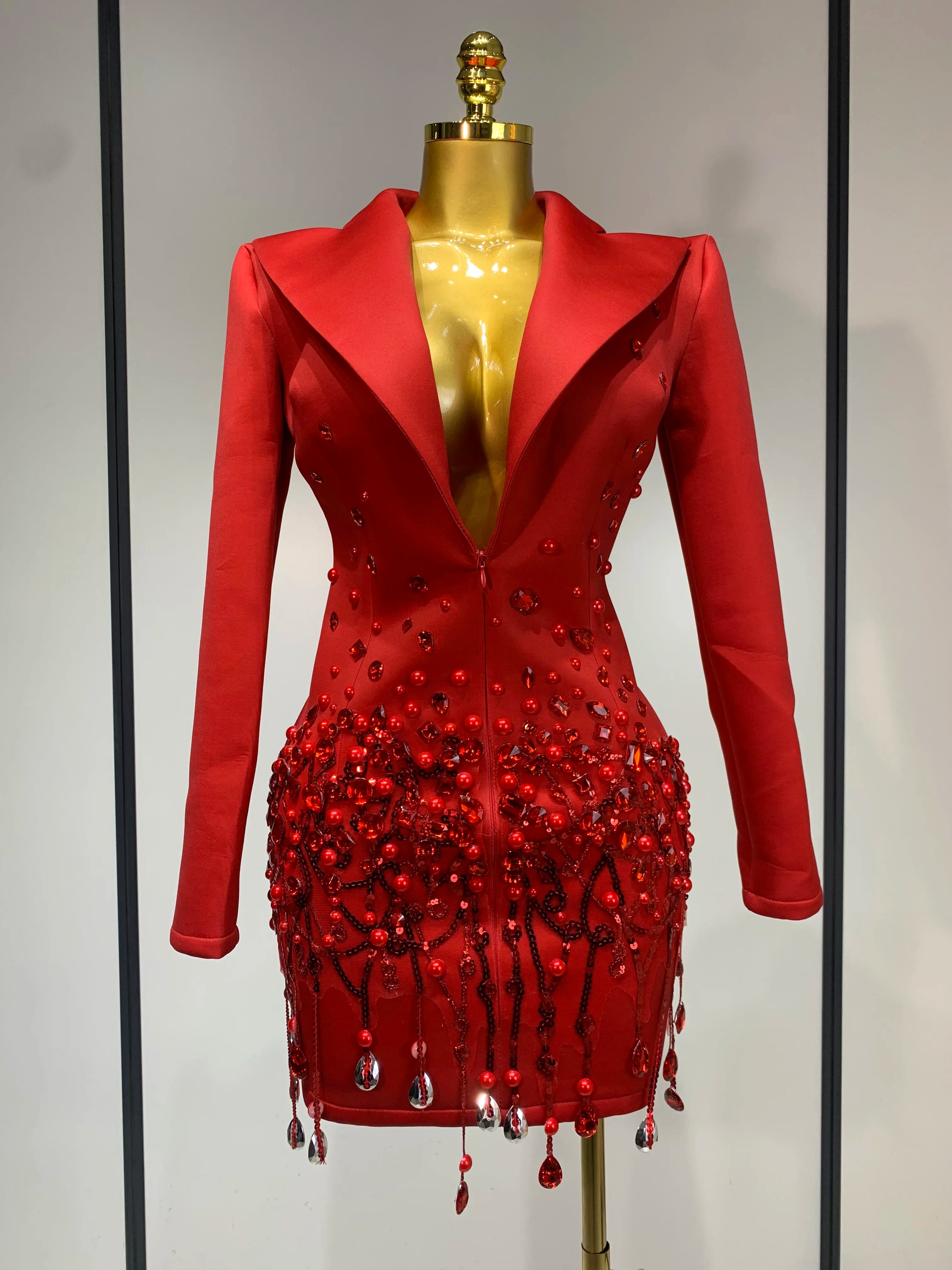 Luxury Rhinestone High Quality Deep V-Neck Slim Fit Red Suit Dress 2025 New Fashion Celebirty Elegant Evening Club Party Dresses