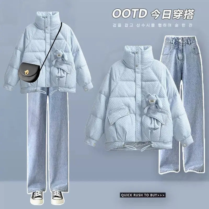 Korean Style Loose and Thickened Cotton Jacket Price Casual Wide Leg Pants Two-piece Elegant Women's Pants Set Winter Outfits pink set 02