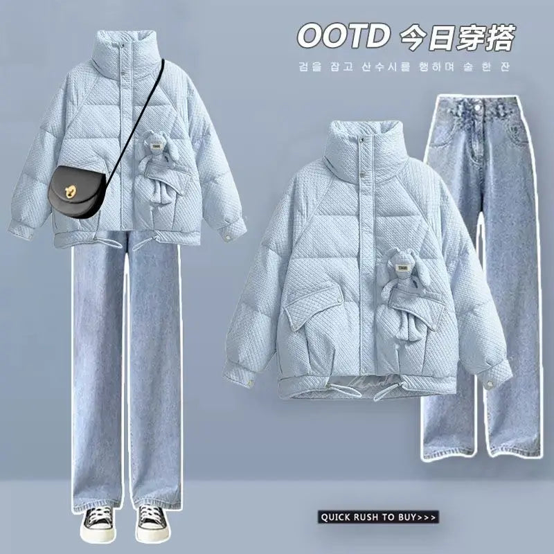 Korean Style Loose and Thickened Cotton Jacket Price Casual Wide Leg Pants Two-piece Elegant Women's Pants Set Winter Outfits pink set 02