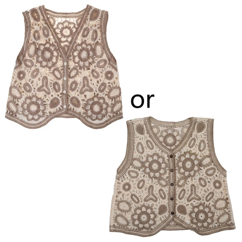 Women Vintage Hollow Out Crochet Crop Vest Embroidery Floral Sleeveless for Jack P8DB apricot