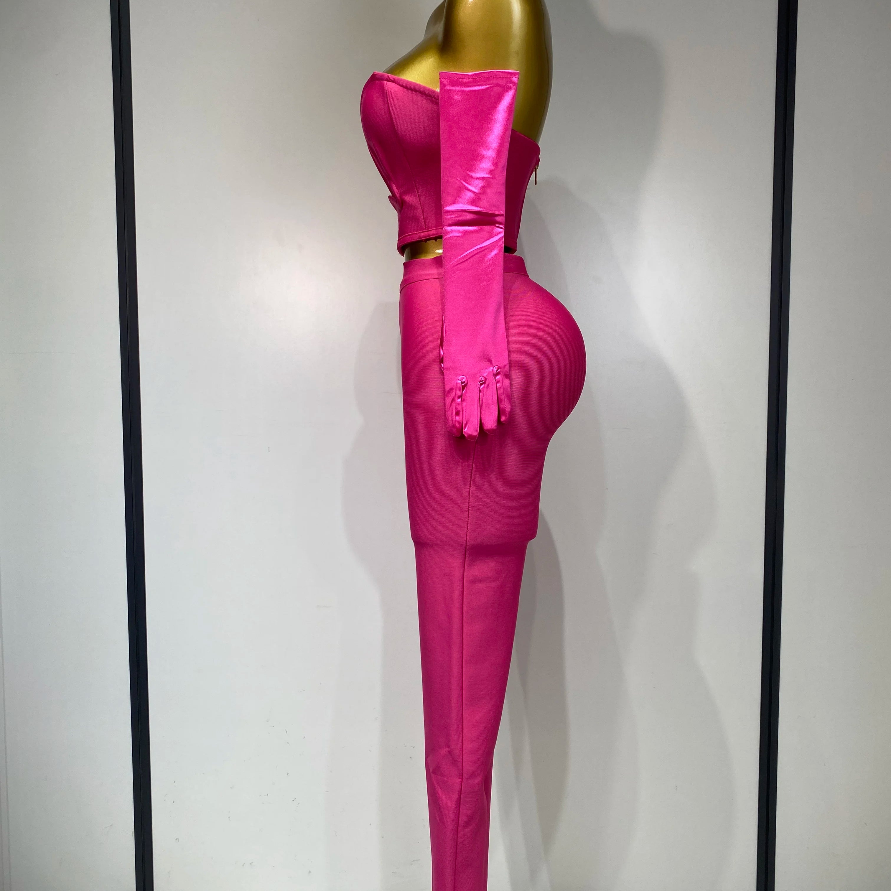 Women Sexy Strapless Backless Hot Pink Glove Pants Bandage Three Piece Suit Celebrity Designer Fashion High Street Pant Suits