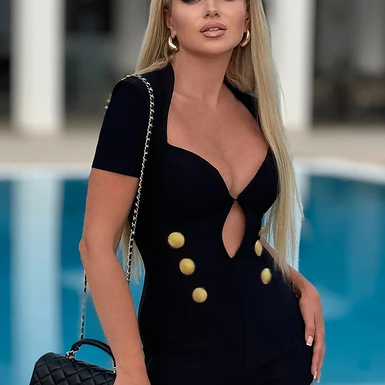 VC 2024 Summer New Women's Black Structured Romper Cut Out Short Sleeves Gold Button Details Bandage Bodycon Short Jumpsuit