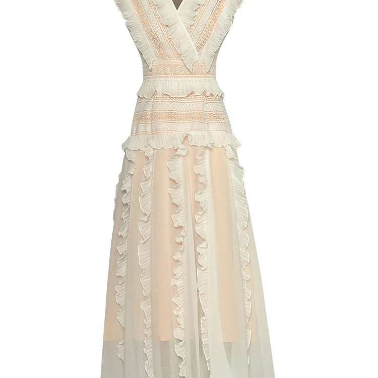 ZJYT 2024 Spring Summer Hollow Patchwork Lace Dresses for Women Elegant Sleeveless Ruffles Midi Black Party Dress Holiday Robe white