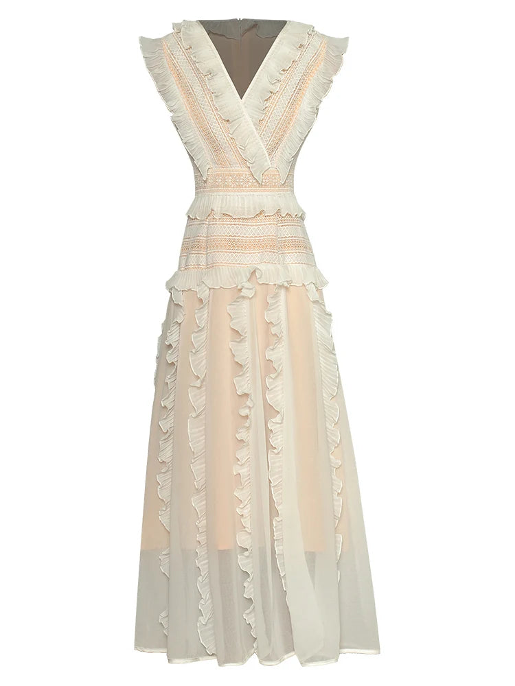 ZJYT 2024 Spring Summer Hollow Patchwork Lace Dresses for Women Elegant Sleeveless Ruffles Midi Black Party Dress Holiday Robe white