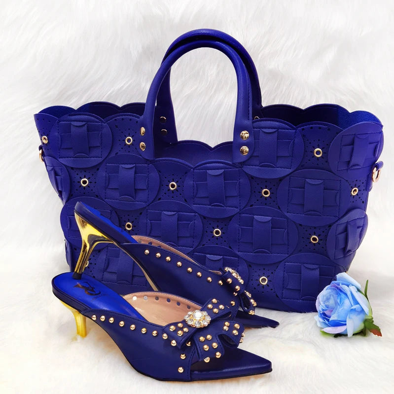 Metal Decoration Party Italian Ladies Shoes and Bags To Match Set Designer Luxury Shoes Women Shoes and Bag Sets for Women 913-blue