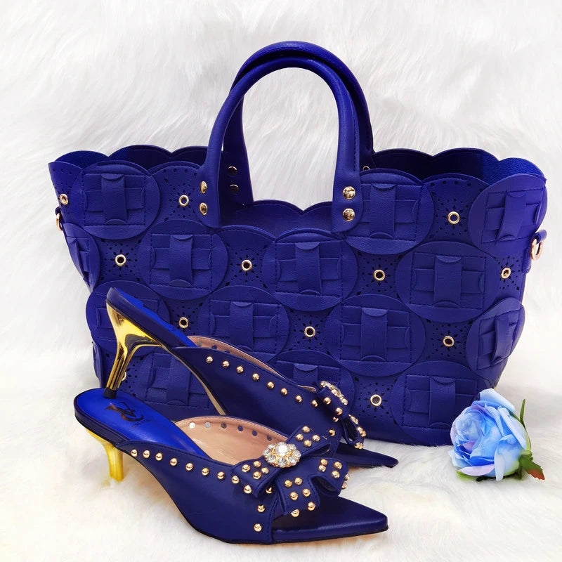Metal Decoration Party Italian Ladies Shoes and Bags To Match Set Designer Luxury Shoes Women Shoes and Bag Sets for Women 913-blue