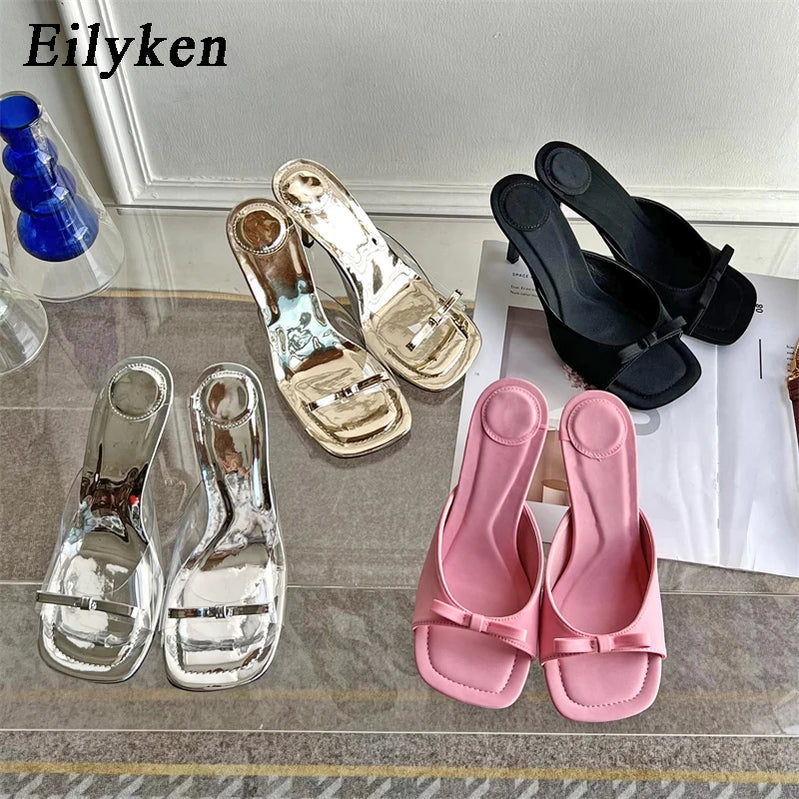 Eilyken Summer Fashion Butterfly-knot Satin Women Slipper Slip On Ladies Sandal Thin High Heel Outdoor Dress Slides Shoes
