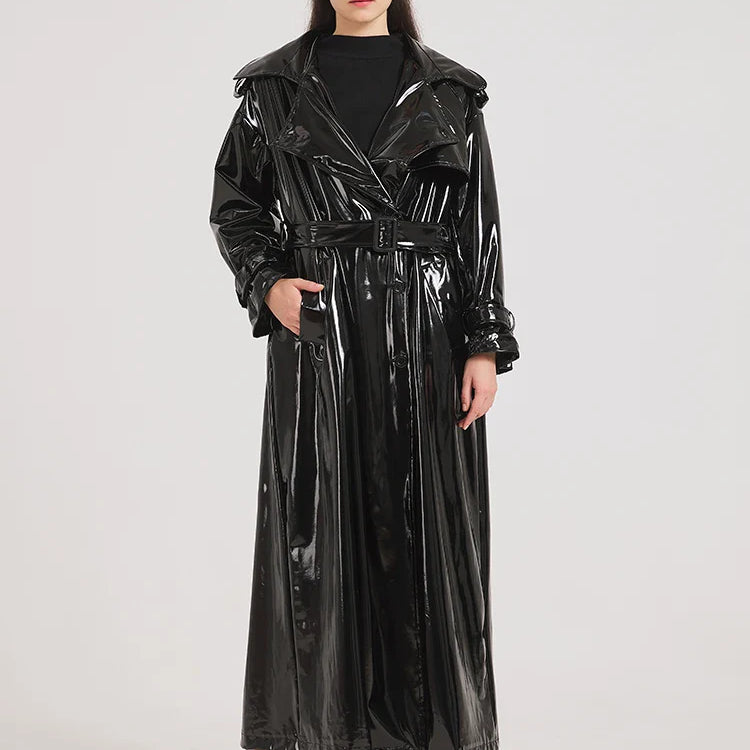 Spring Autumn Extra Long Black Shiny Reflective Soft Stretchy Patent Leather Trench Coat for Women Maxi Overcoat 2024