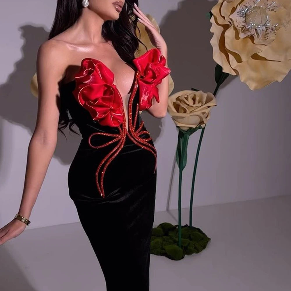 New Arrival Black Red Florals Sexy Strapless Diamond Line Bodycon Bandage Long Dress Fashion Celebrate Nightclub Party Wear