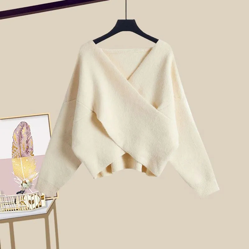 Autumn and Winter Set Women's New Korean Version Slim Cross Sweater Strap Fishtail Skirt Two Piece Set Fashion Apricot Sweater