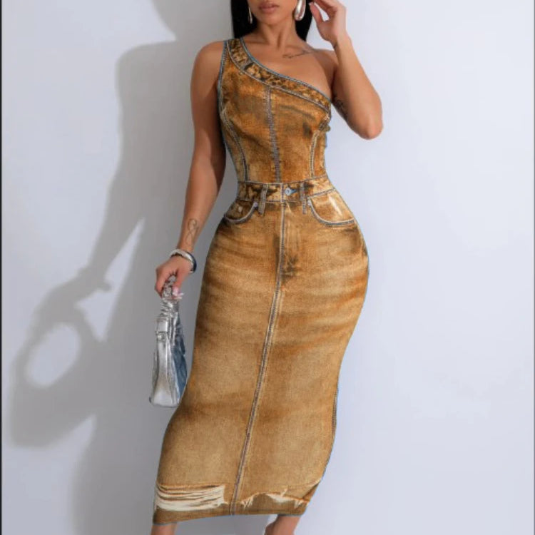 CM.YAYA Women Fake Jean 3D Printed One Shoulder Sleeveless Bodycon Midi Maxi Dress 2024 Club Sexy Party Long Dresses Vestido