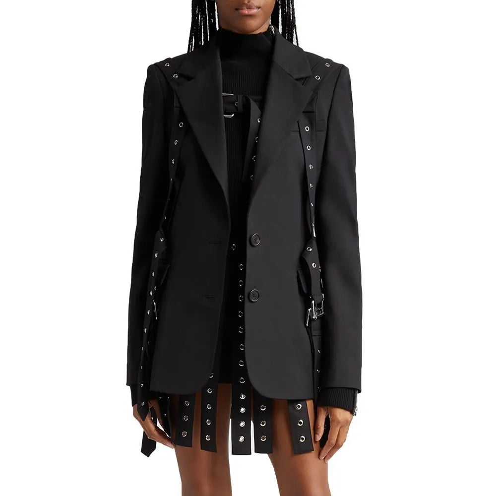 TWOTWINSTYLE Solid Patchwork Belts Blazers For Women Notched Collar Long Sleeve Patchwork Single Breasted Chic Blazer Female New Black Blazer