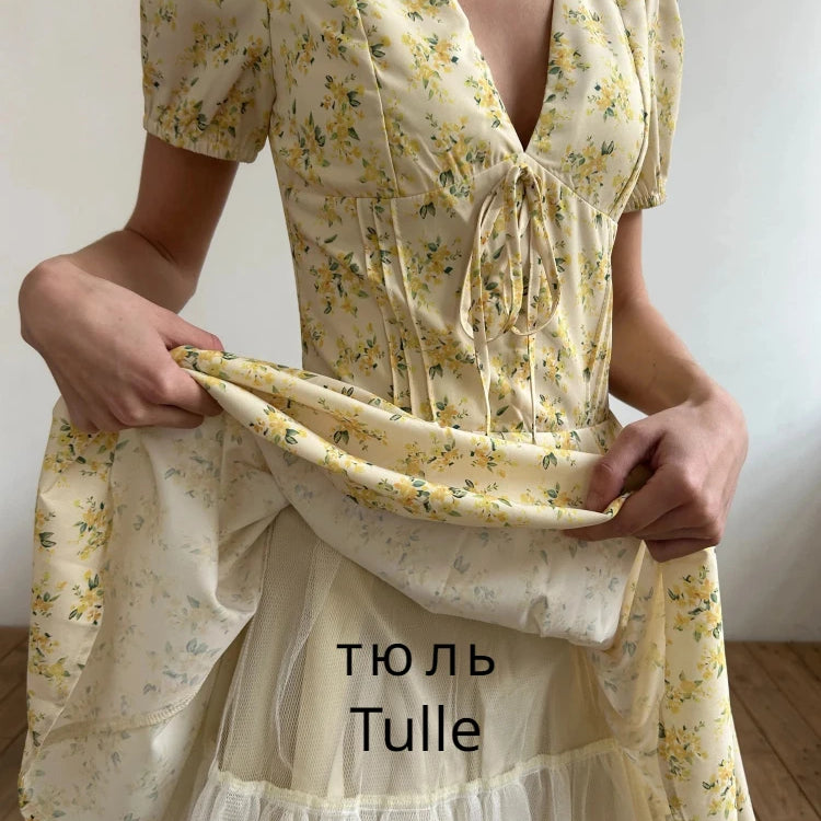 Suninheart Fashion Summer Dresses 2024 Sexy V Neck Puff Sleeve Tulle Dress Fluffy Print Holiday Party Dress Casual A Line Dress